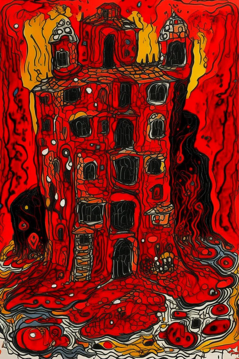 A red volcanic castle in a fiery realm painted by Jean Dubuffet