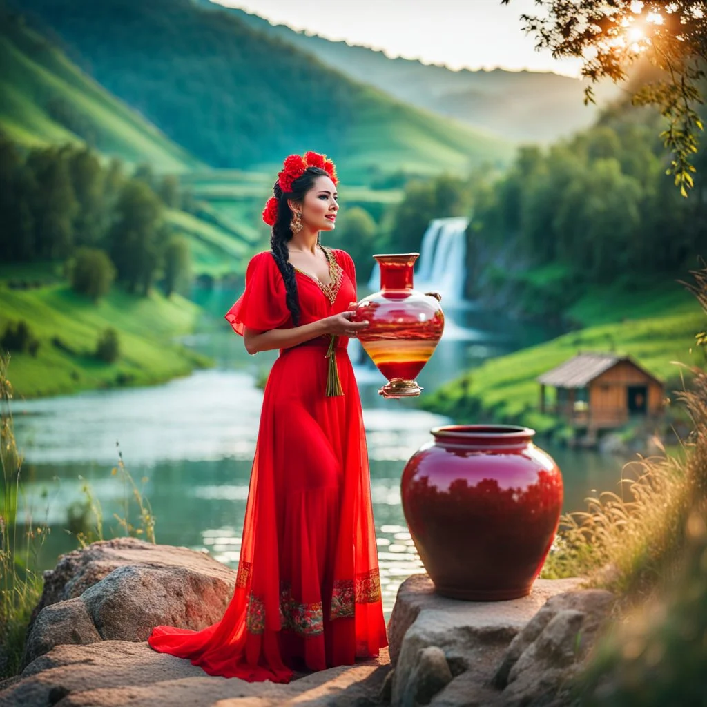 a woman in a red dress holding a vase, creative colorfull - makeup, with professional makeup, hand built ceramics, very very very beautiful face , nice country side with hills ,waterfall over a river with clear water,girls with perfect pretty face in folk costums and a jar, filling their jugs with water and some of them leaving while carring there jugs in there shouldes and 1beautiful girl with jug in shoulder in closeup , very nice mountains at distant, nice clouds in sky ,wide green field wi