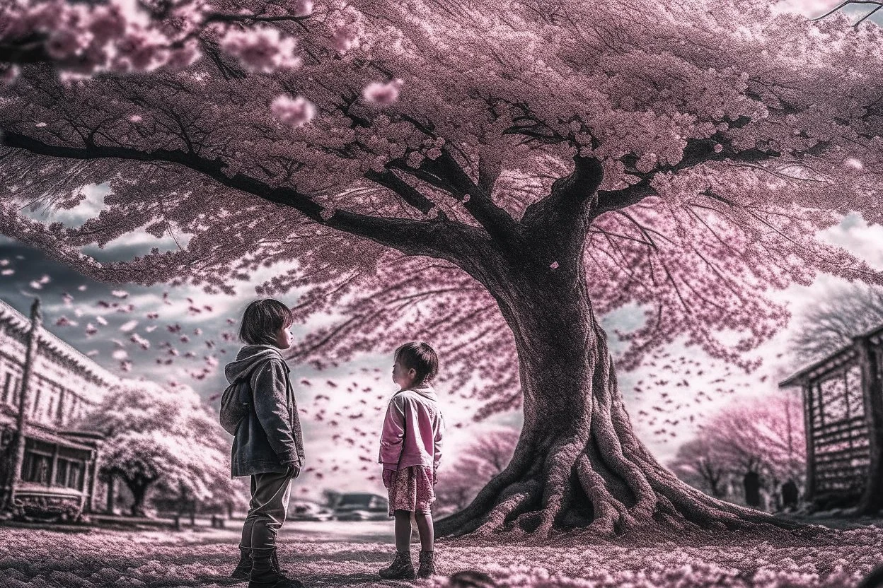 A hyper-realistica cherry blossom tree slowly falling and a child standing, Photo Real, HOF, full size, practicality,manufacturability,performance, (((realism, realistic, realphoto, photography, portrait, realistic, elegant, charming, apocalyptic environment, professional photographer, captured with professional DSLR camera, trending on Artstation, 64k, ultra detailed, ultra accurate detailed, bokeh lighting, surrealism, Thomas Kinkade backgroun