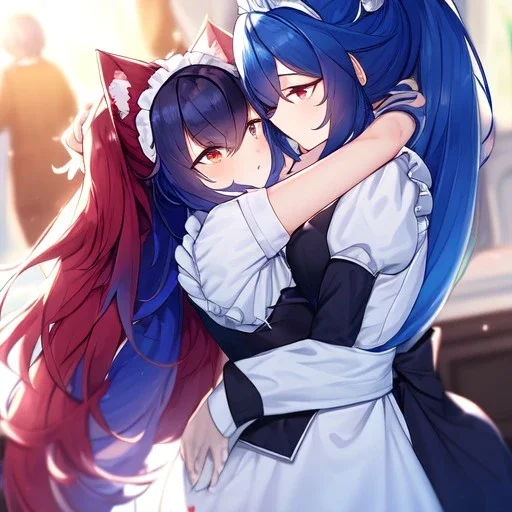 Clear Focus, High resolution, wearing a maid uniform, fluffy hair and a long ponytail, blue hair, cat ears, meowing, hugging another girl with red long fluffy hair also wearing a maid outfit