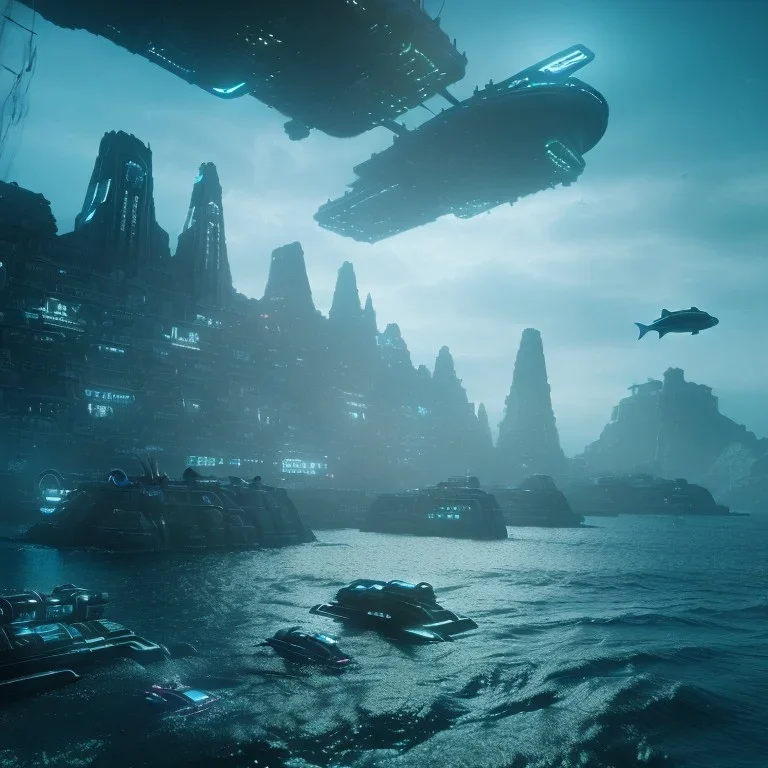 futuristic city in the sea , fish swimming around, Poseidon, highly detailed, cinematic, ultra photorealistic, ultra realistic, volumetric lighting