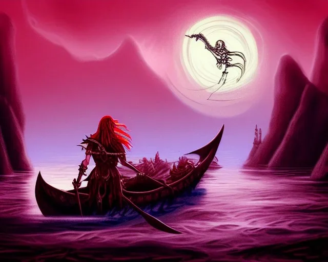 sango fantasy, fantasy magic, intricate, sharp focus, illustration, highly detailed, digital painting, concept art, matte, Greek mythology Charon ferryman, skeleton in full length cape, in boat on river styx, sharp jagged rocks, red purple blue colours, red hot lava river