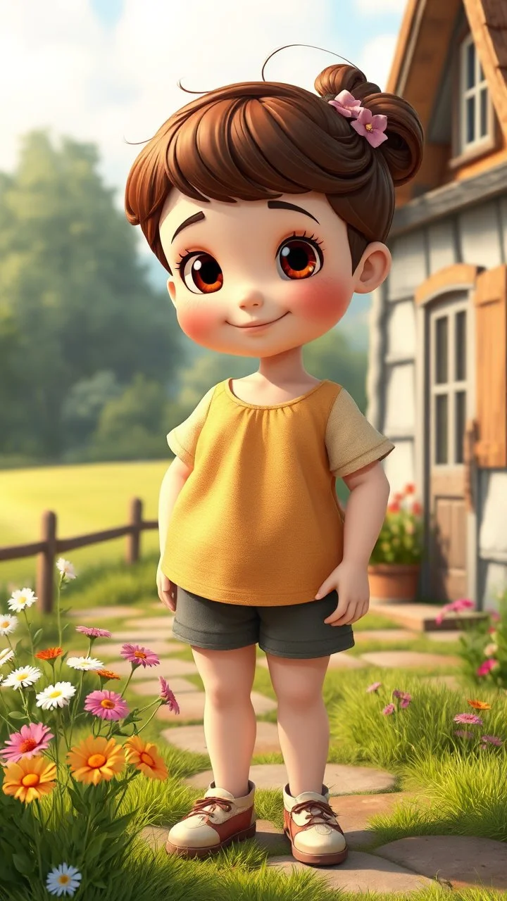 cartonic Chubby child lady with bold eyes with realistic hair and in pretty top and short tight and nice shoes,standing in country side next to country house with flowers,trees.