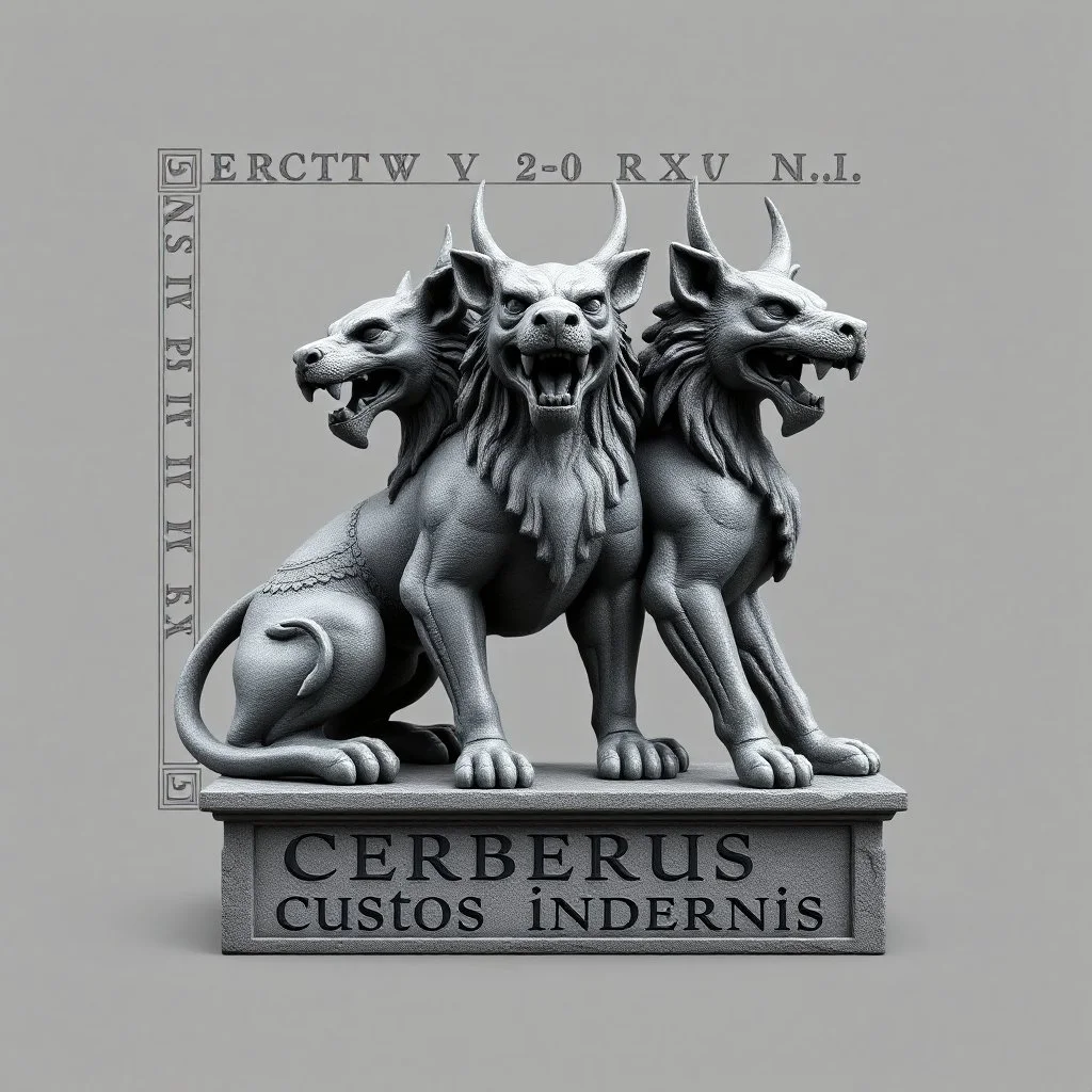 perro de 3 cabezas-cerbero estilizado antiguo con un marco elegante con runas y el nombre "cerberus custos infernis" en la base, todo en escala de grises, nada de color, estilo estatua de piedra