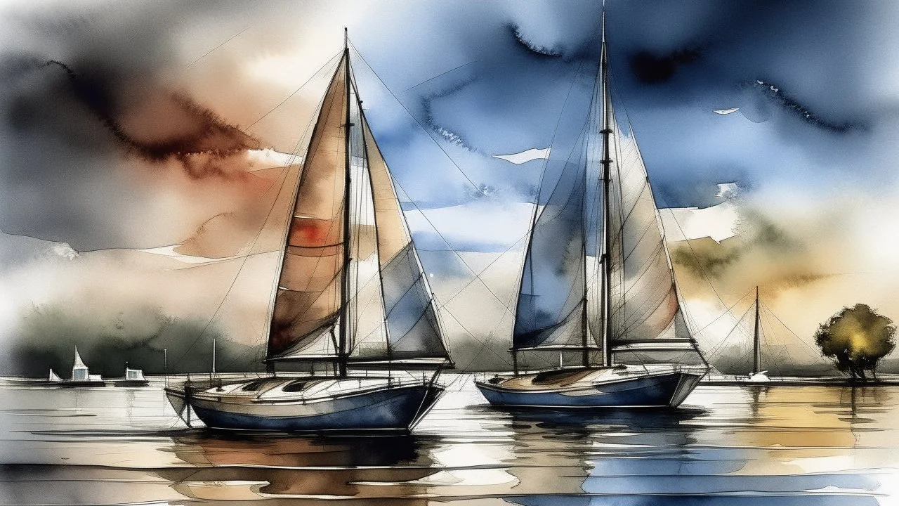 digital painting, A watercolor painting of two sailboats docked in a harbor with a cloudy sky in the background, bold and slim lines, brush strokes