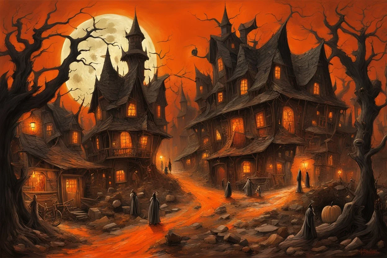 Sinister witches village street on Halloween, expansive haunter village landscape, full harvest moon, by Alexander Jansson, by Jeremy Mann, by yves tanguy, hyperreal; deep vibrant rich orange, black, and red color scheme; ultra intricate complex detail, sinister, creepy silhouettes.