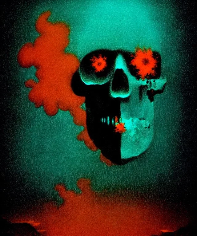 broken skull. black background. smoke and explode. particles in air. teal and orange. abstract. beksinski.