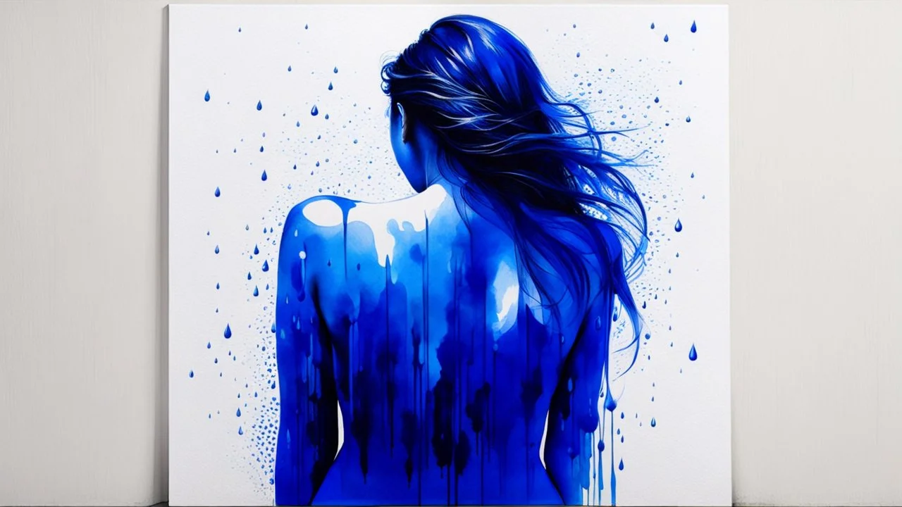 dissolving into tears: the women rear view, head bent forward, blue ink painting, rain