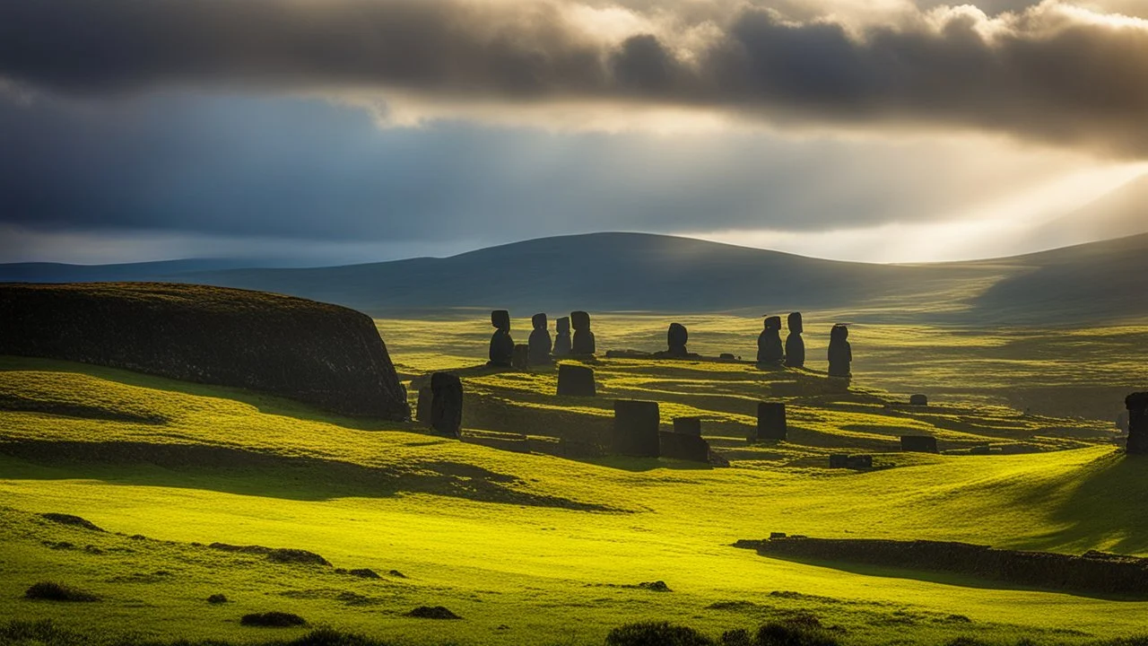 calm beauty, fantasy, magic, splendor, uplifting, inspiring, therapeutic, Easter Island, springtime, sunlight, chiaroscuro, color, award-winning colour photograph, Nikon 135mm