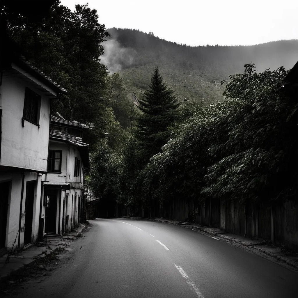 A photography depicting a street going up to a moutain, with odd houses, horror movie shot, terrifying trees