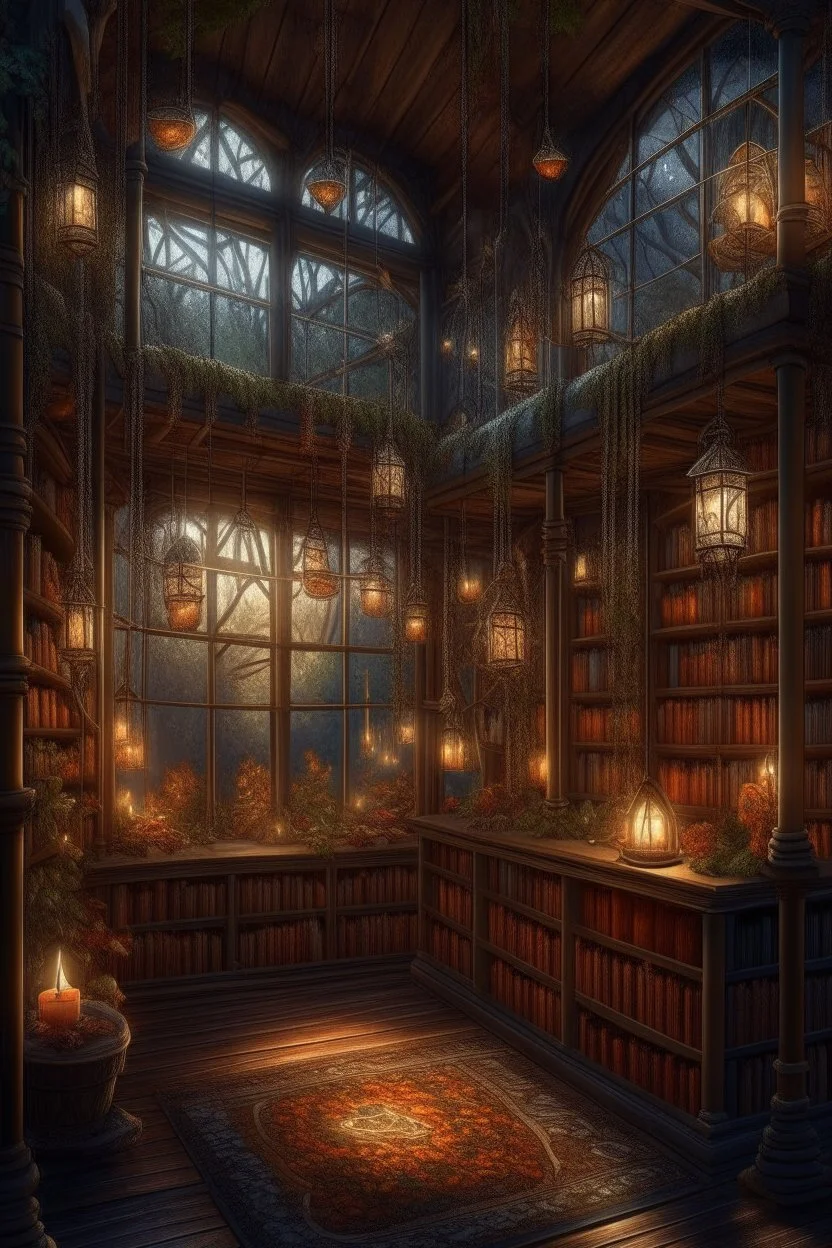 Forest library, autumn, many books,nature,natural lines, lamp garlands, twilight,dark,botanical maximalism boho style, hyperrealism, hyperdetalization, high quality, 32k, dark botanical, bionics, bionic elements,grunge, magic, fantasy, many complex details, filigree, clarity, sharpness, 8d painting, concept art, 35 mm, contrast