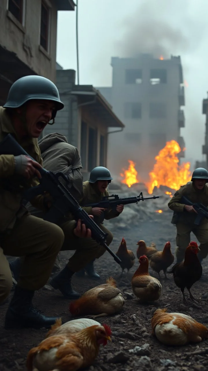 Army solders screaming in a smoke and fires war environment destroyed buildings in the background and dead chickens and children on the ground