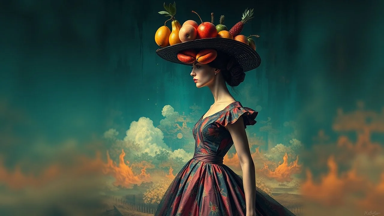 there is a woman in a dress and a hat with fruit on her head, inspired by Arik Brauer, surrealistic digital artwork, inspired by andrey ryabovichev, abstract surrealism, beautiful digital artwork, inspired by Ignacy Witkiewicz, inspired by Darek Zabrocki, stunning digital art, surreal digital art, gorgeous digital art
