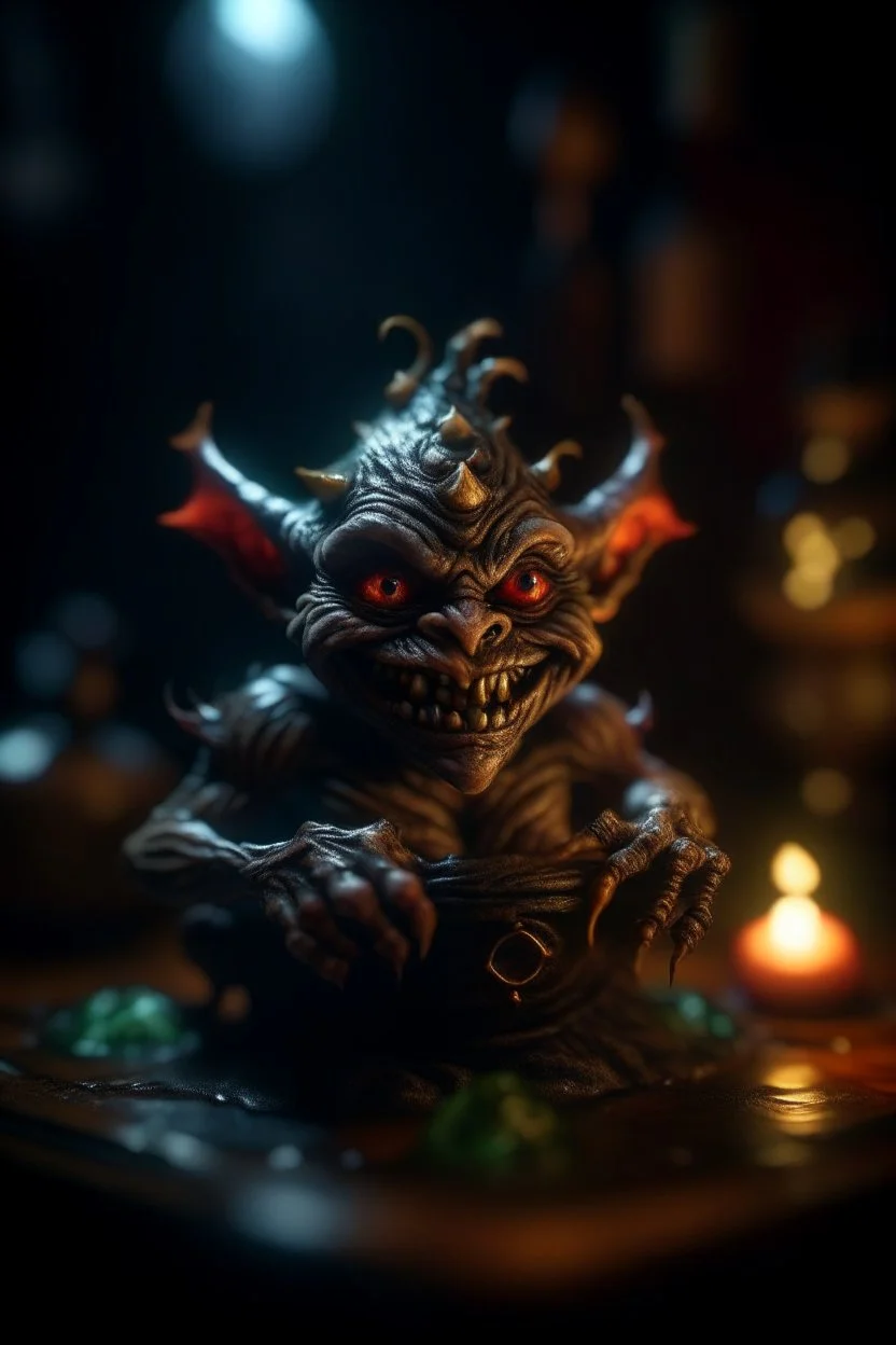 nightmare, Living cauldron with shining sigil, slightly demonic alien imp gremlin in it, prize winning oil painting, ,bokeh like f/0.8, tilt-shift lens 8k, high detail, smooth render, down-light, unreal engine