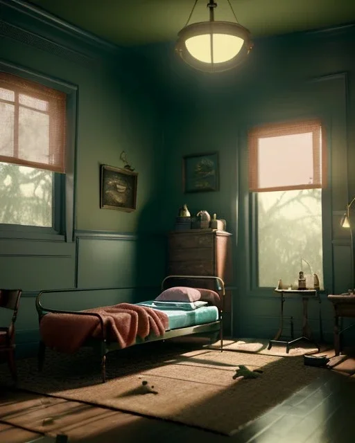 Room scene with alligator sleeping, Wes Anderson styler, concept art, smooth, unreal engine 5, god lights, ray tracing, RTX, lumen lighting, ultra detail, volumetric lighting, 3d.