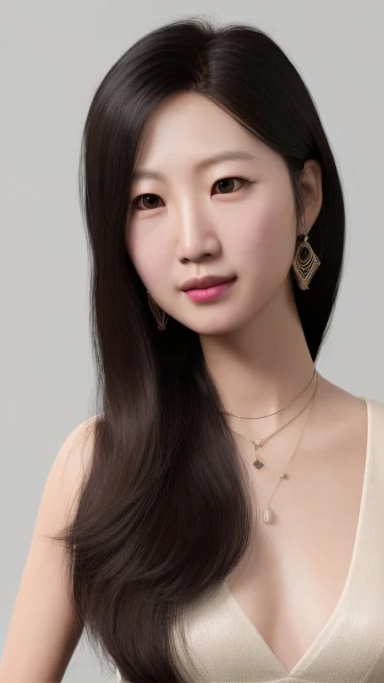 4K Photorealism : 30 year old Asian woman with a full body with a proportional body, symmetrical face, precise clean brown eyes, long flowing hair, precise chest accentuation, showing typical Japanese clothing