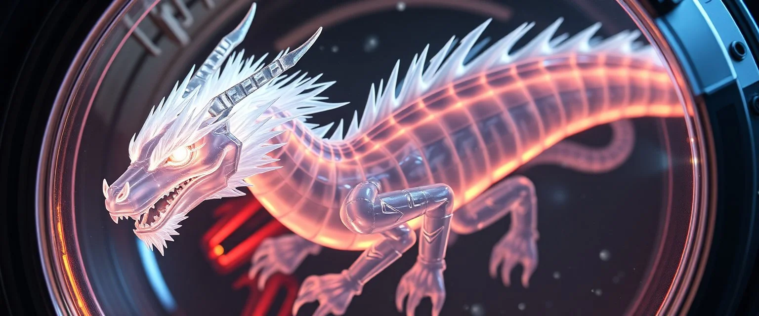 The image depicts a fantastical space general ship snow soup, specifically a transparent dragon with neon flash aura, with a unique and whimsical appearance. The dragon is positioned in a circular frame, which suggests it might be inside a container or a vessel. The dragon's body is elongated and has a segmented appearance, with a detailed texture that gives it a realistic look. Its head is covered with white, spiky hair, adding to its fantastical charm. From the weird dragon lab.