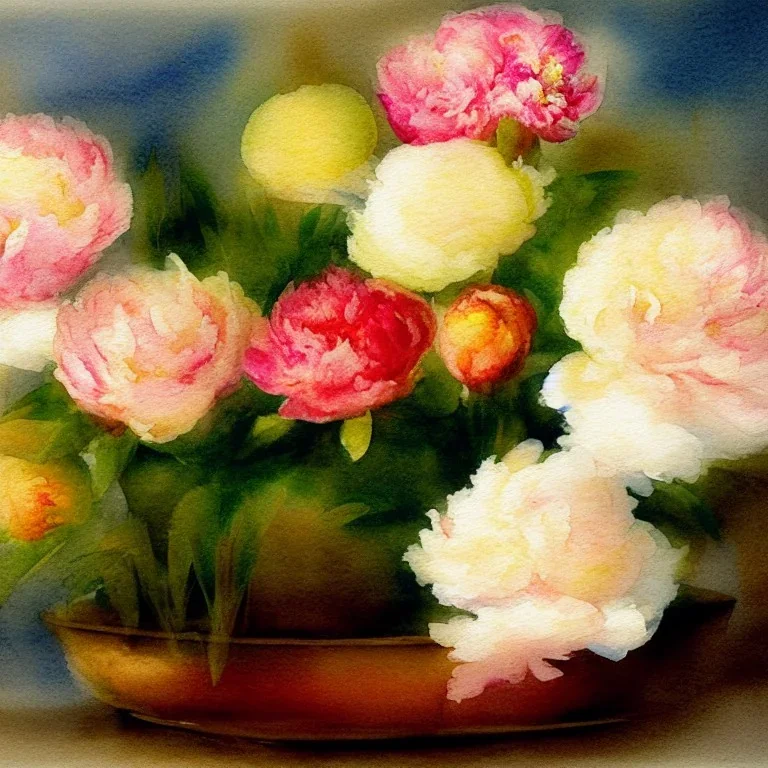 watercolor of a bowl of peonies, warm colors, water color streaks and splashes, in the style of turner, white space