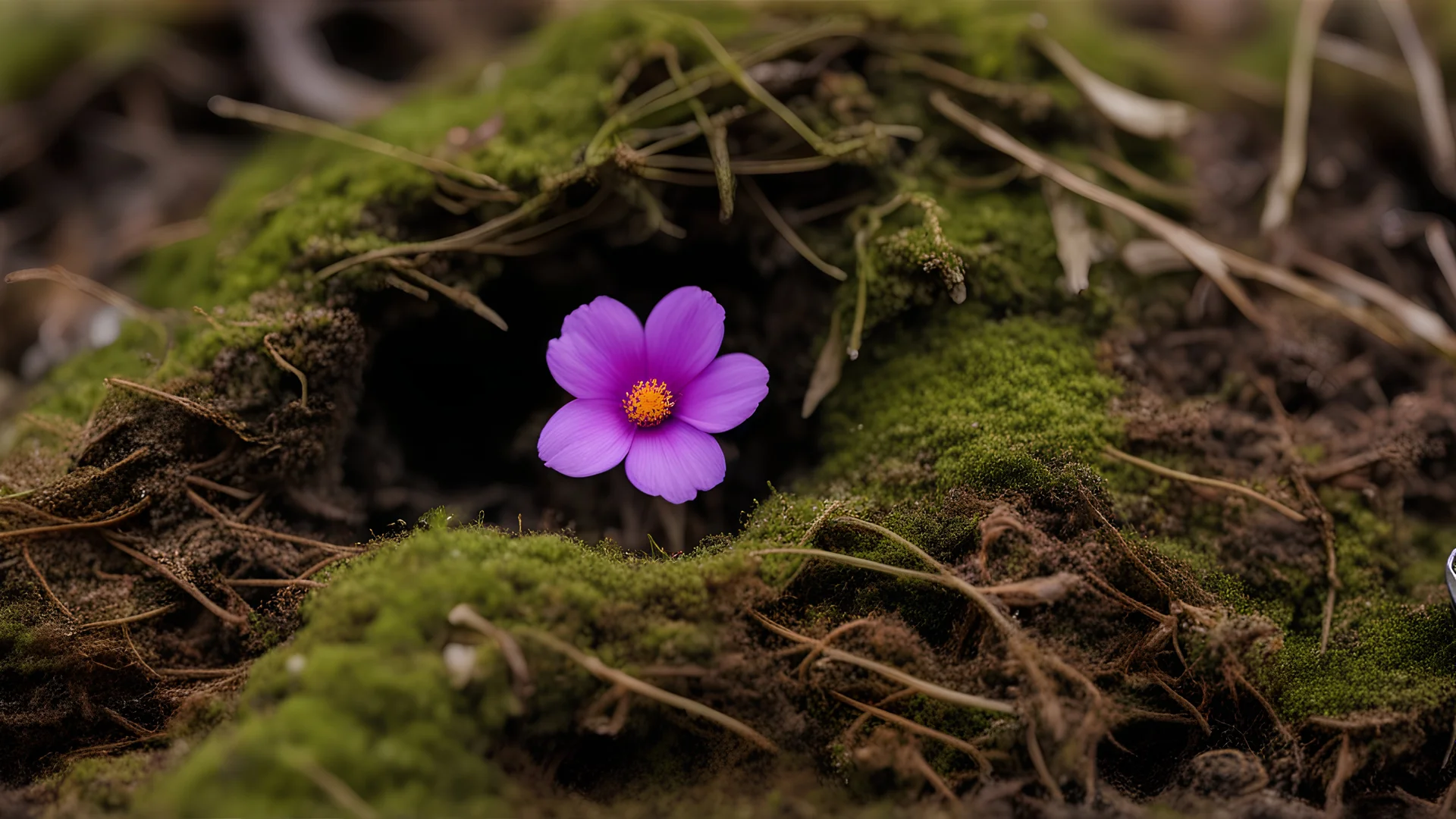 the camera on the ground, a flower among the moss, Macro with Olympus 60mm f2.8 macro lens