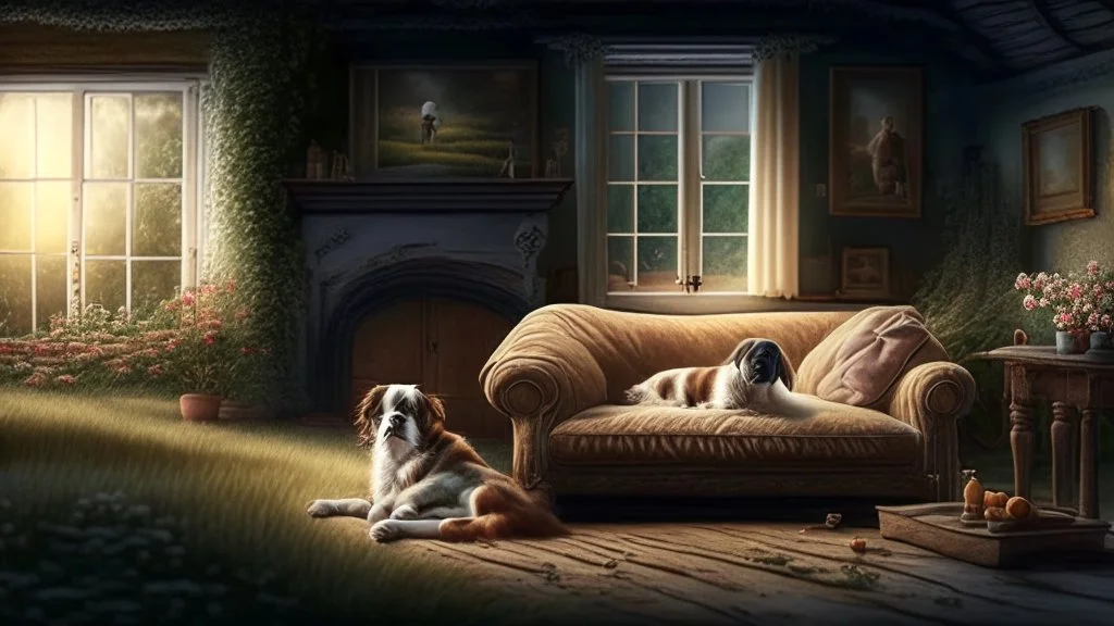 country house, romantic atmosphere + a dog and a cat resting on the sofa