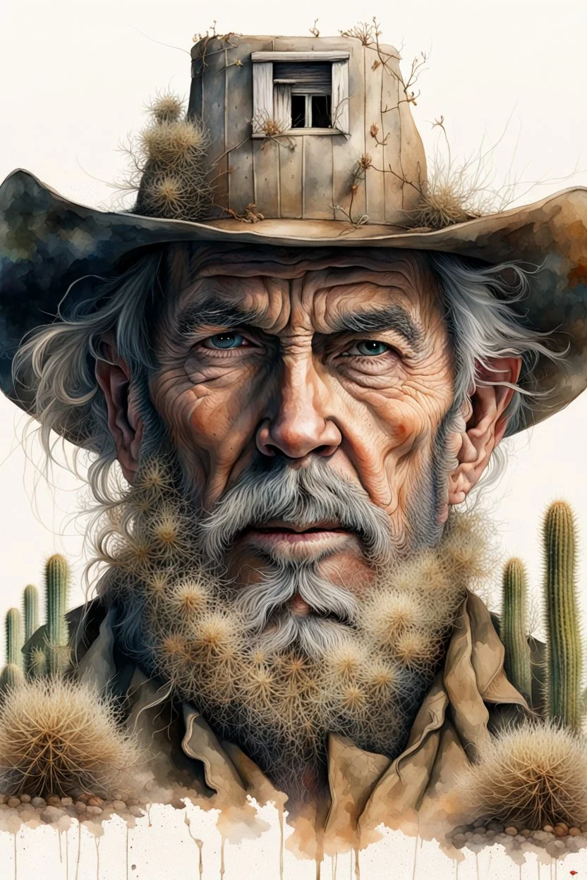 The old Cowboy of the Desert, double exposure cowboy face formed by a old weatheredmud hut with cactus and tumbleweeds around it, watercolor by Jean-Baptiste Monge and Yossi Kotler, Modifiers: sharp focus extremely detailed intricate oil on canvas portrait hyperrealistic high definition crisp quality