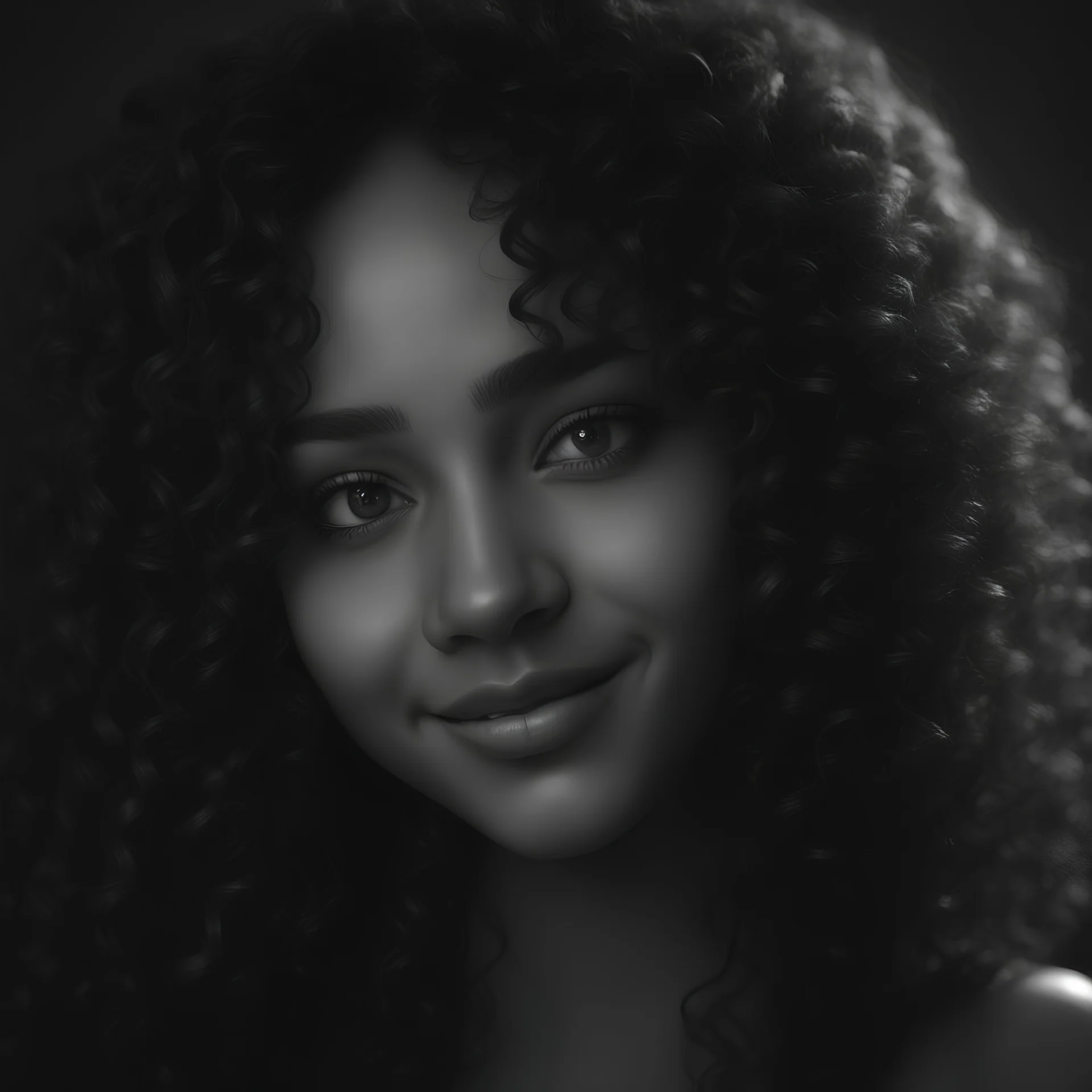 one black color girl, curly hair, background black color, very lighting eyes, eyes are black and white, photo focus his face, like smiling, beautiful look, scenter of photo, cinematic lighting, volumetric lighting, lighting, High quality, do not blur photo, octane rendering, 16k