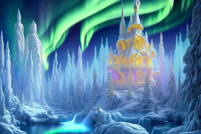  white and gold cosmic crystal castle，waterfall, northern Lights, full of details, smooth, bright sunshine，soft light atmosphere, light effect，vaporwave colorful, concept art, smooth, extremely sharp detail, finely tuned detail, ultra high definition, 8 k, unreal engine 5, ultra sharp focus