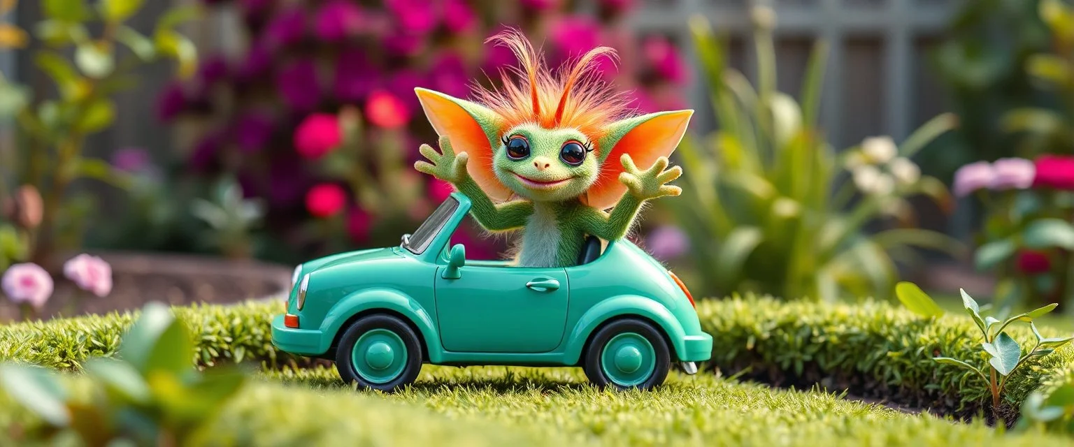 totally symmetric fluffy gremlin slug nice cheerleader puppet in plastic car in garden doing her thing full body portrait T-pose