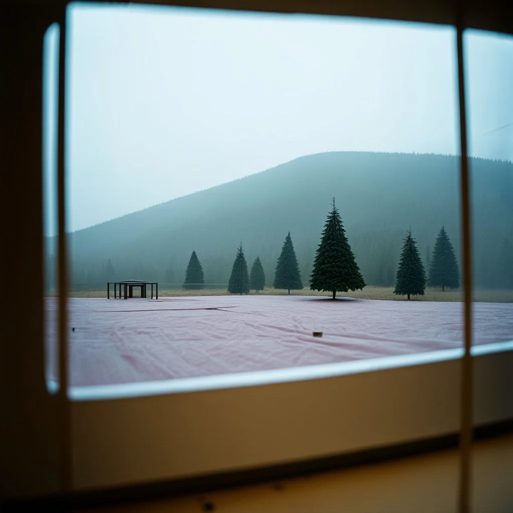 A polaroid photo of an odd room with structures. A transparent tarpaulin covers an image. There is a group of fir trees in the background and a high hill in the distance. The surface below is in a pastel color. Fog is present.