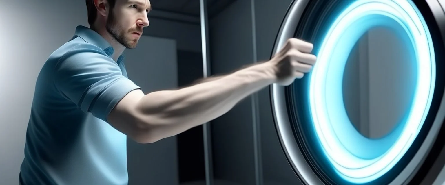 scared man sticks his arm into teleportation device portal for testing