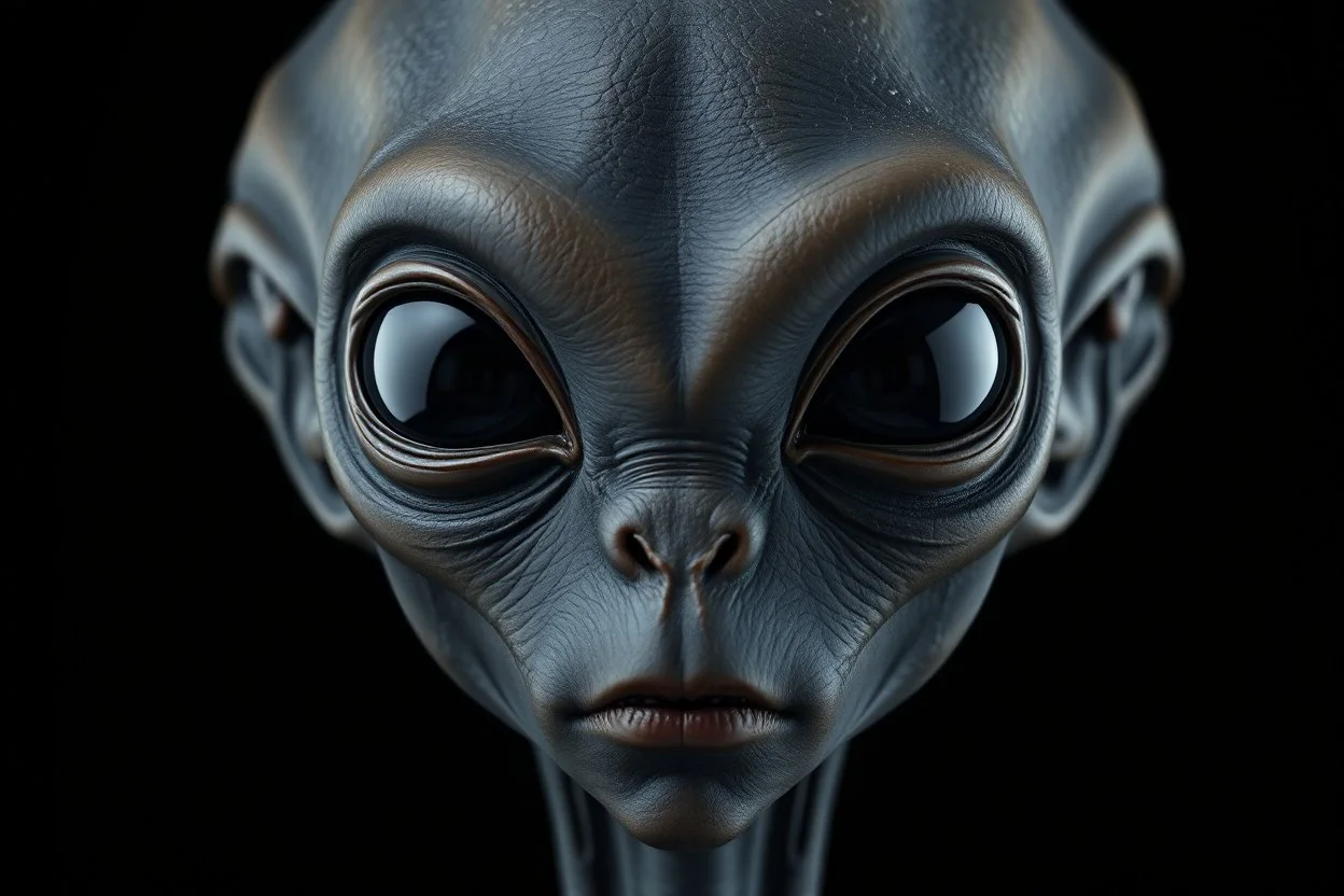 upper body shot of a super black skin alien, full head, 40 years old, looking at the camera, super big head, super big black eyes, small mouth, no ears, total black skin. photo real, hyperrealistic, high dynamic range, rich colors, lifelike textures, 8K UHD, high color depth. neutral dark background.