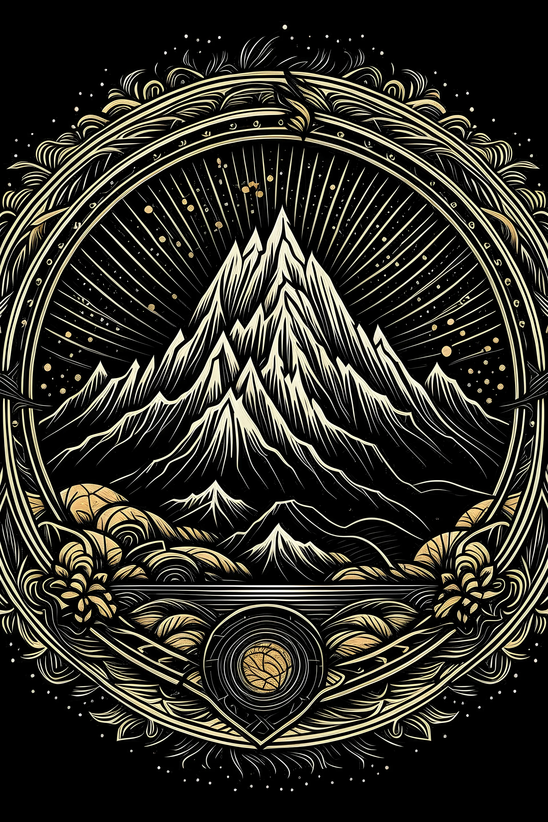 vector, rocky mountains, golden mandala, logo sketch, black background, lots of negative space, print making style