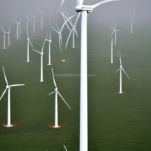 Thousands vertical wind turbines. Heavy cold rain. Strong wind.