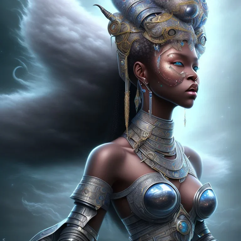 sango fantasy, fantasy magic, intricate, sharp focus, illustration, highly detailed, digital painting, concept art, matte, masterpiece head sexy view black African beauty black afro hair space lady silver bearskin African princess rain cloud