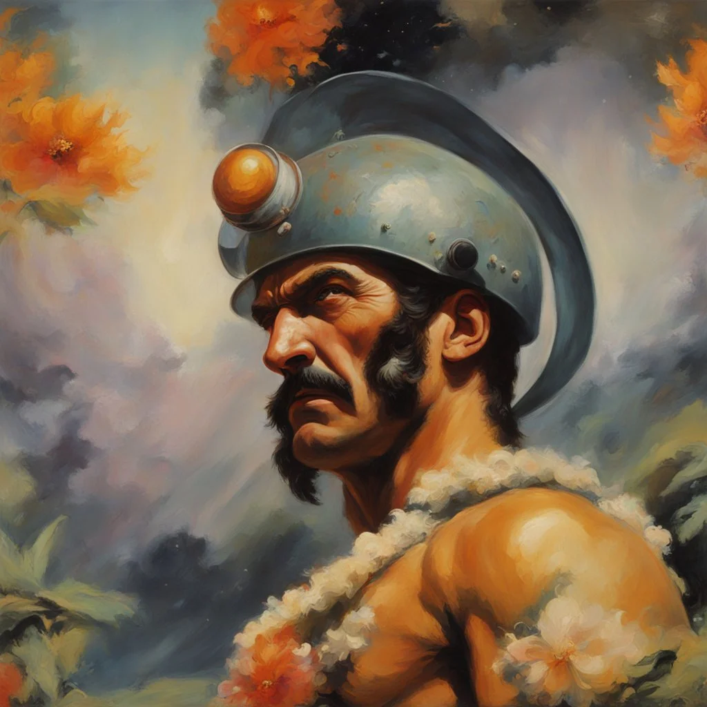 mugshot, Planet of the Vulcans, multicolored, large, floral designs, atmospheric, beautiful, oil painting by Frank Frazetta, 4k UHD, Photorealistic, professional quality