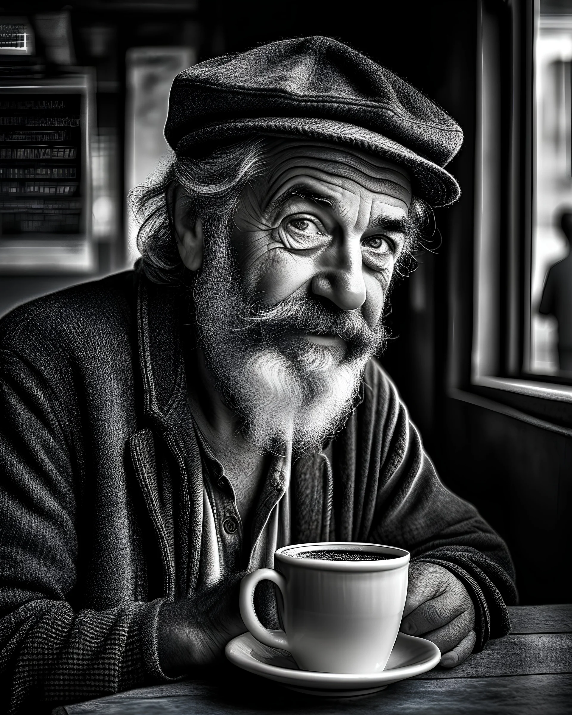 As you enter the coffee shop, you notice an enigmatic figure, a weathered man in his 50s with wise eyes and a knowing smile. Describe the encounter and capture the essence of the profound life lessons he imparts.