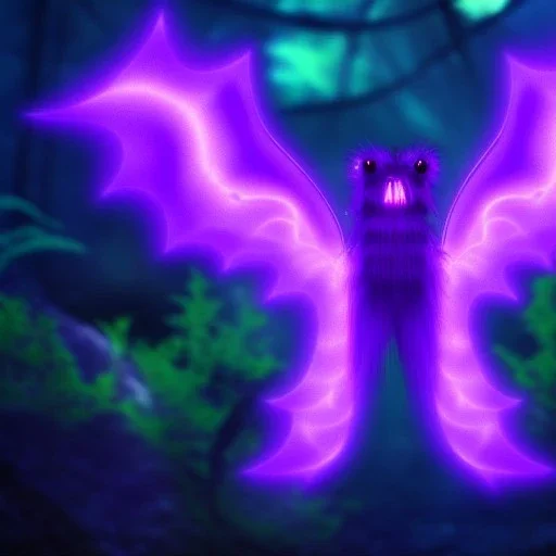 ultraviolet creature with wings in bioluminescent forest