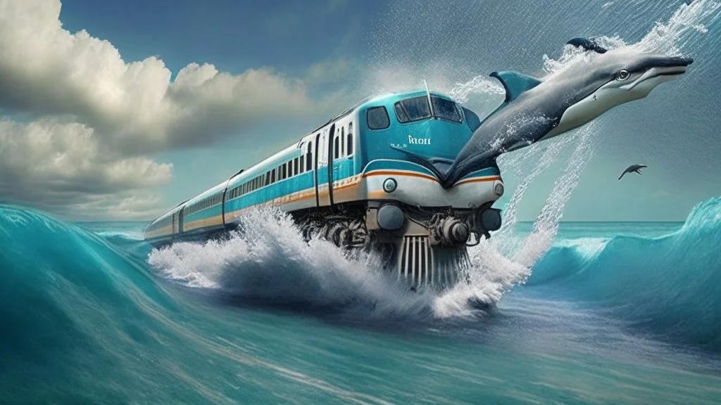 A train to cross the ocean where dolphins are jumping.