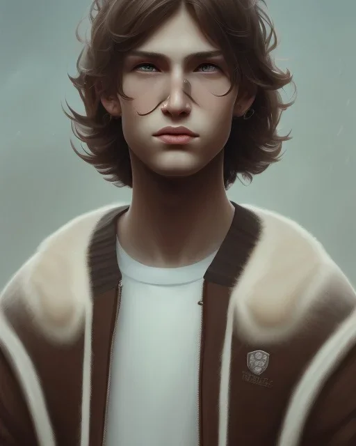  boy, cute, young, teen, brown hair, brown eyes, medium hair, close up, head and shoulders portrait, head and shoulders portrait, 8k resolution concept art portrait by Greg Rutkowski,