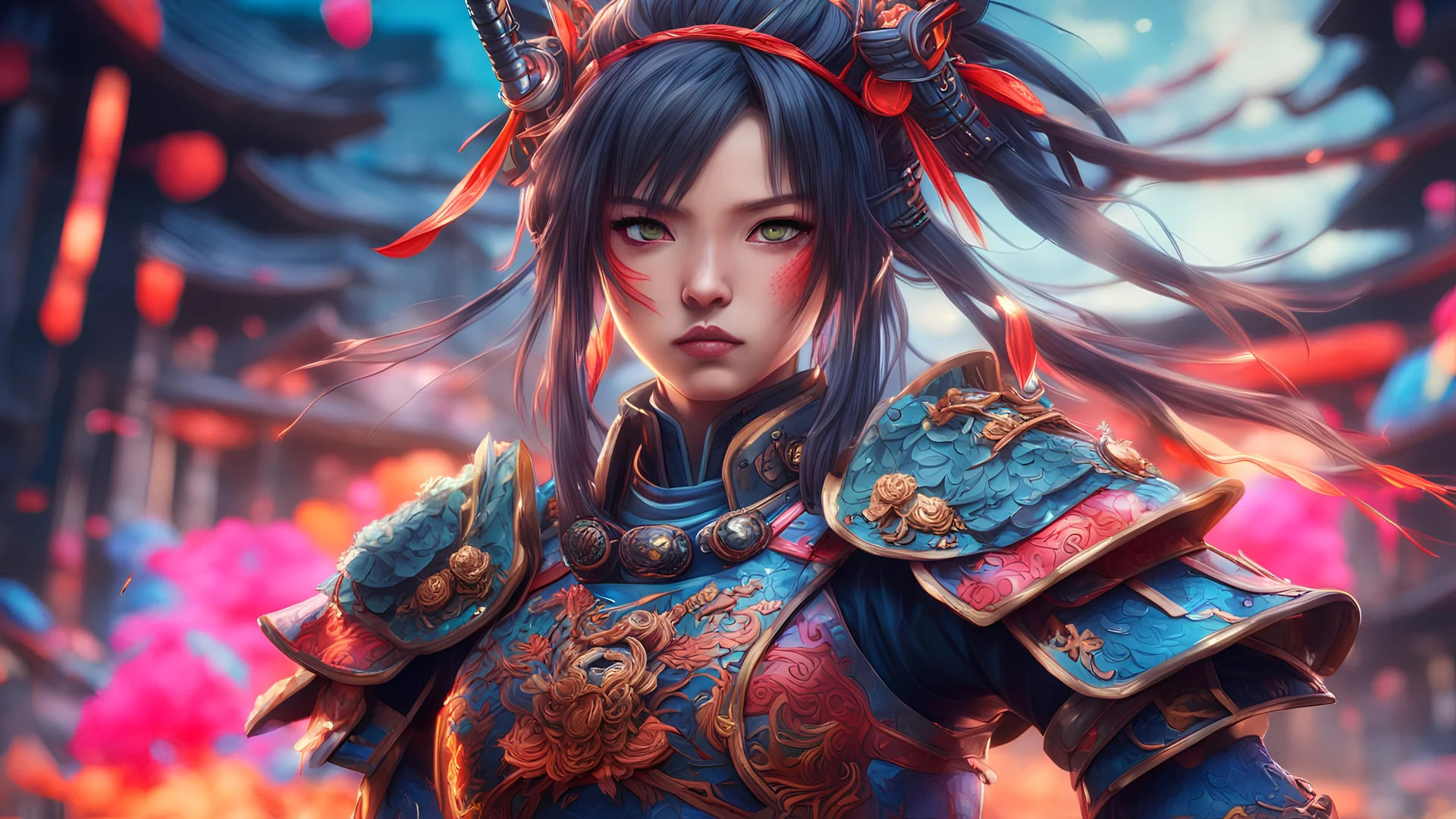 A fiercely determined anime girl with a sharp gaze, clad in intricate samurai armor adorned with vibrant colors that pop in 8K resolution. This stunning image captures her resolute expression and fierce demeanor, standing out against a detailed background. The level of detail is exceptional, with every intricate design and hue showcased in stunning high definition. This artwork is a masterpiece of modern digital art, showcasing the fusion of traditional and contemporary elements in a visually st