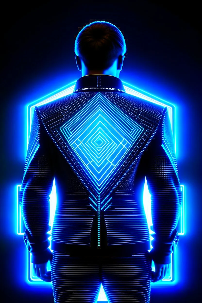 cyberpunk, neon blue, triangle of light floating behind the back, cyber suit, geometric patterns on a suit, male