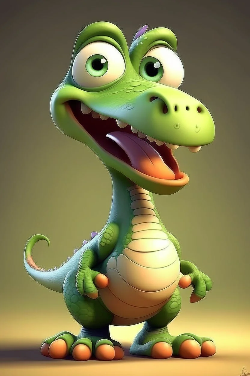 Pixar style dinosaur caricature, cute, and happy, that is part of a story