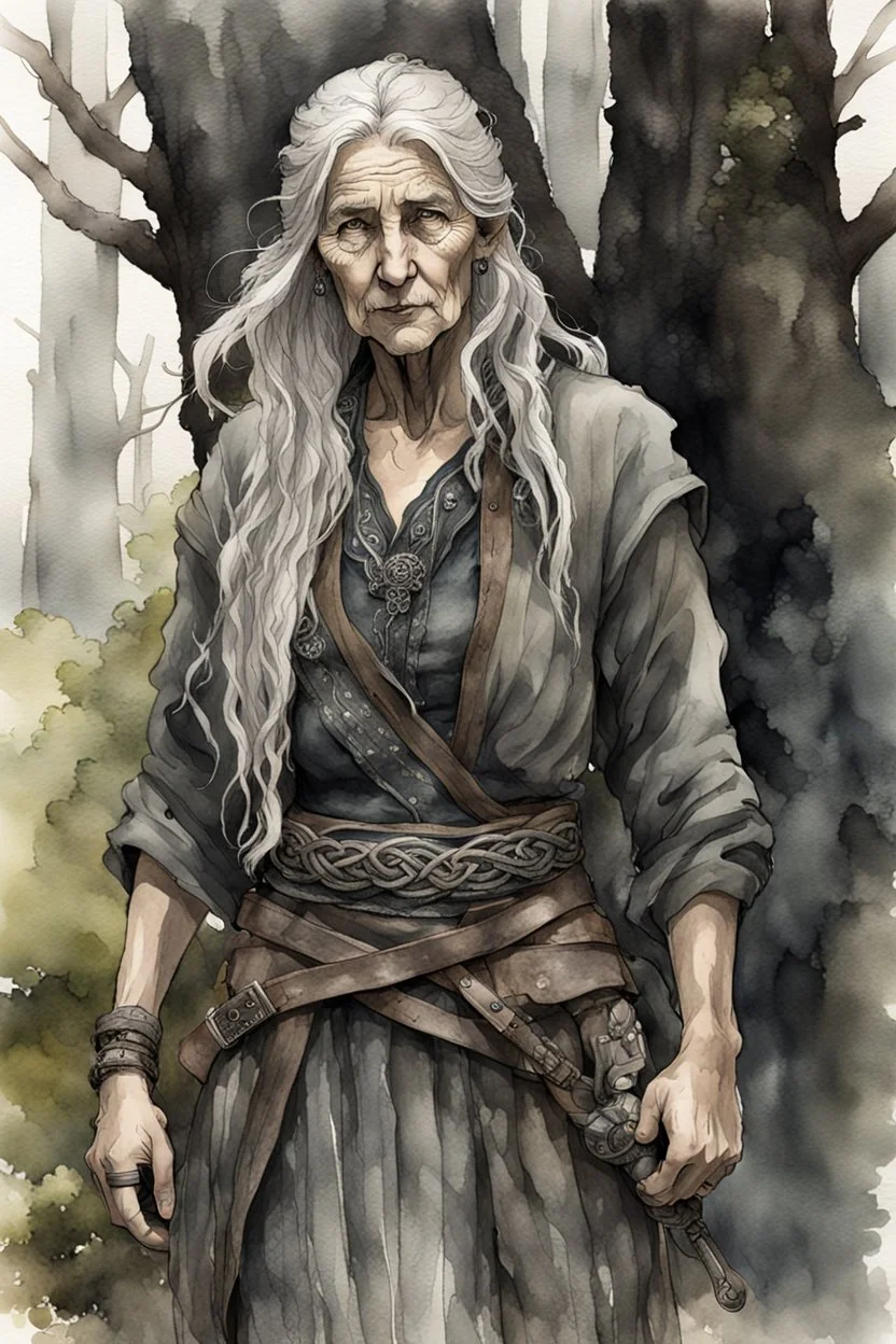 ink wash and watercolor illustration of an ancient grizzled, gnarled female vagabond wanderer, long, grey hair streaked with black, highly detailed facial features, sharp cheekbones. Her eyes are black. She wears weathered roughspun Celtic clothes, emaciated and tall, with pale skin, full body , thigh high leather boots within a forest of massive ancient oak trees in the comic book style of Bill Sienkiewicz and Jean Giraud Moebius , realistic dramatic natural lighting, rich earth tone colors