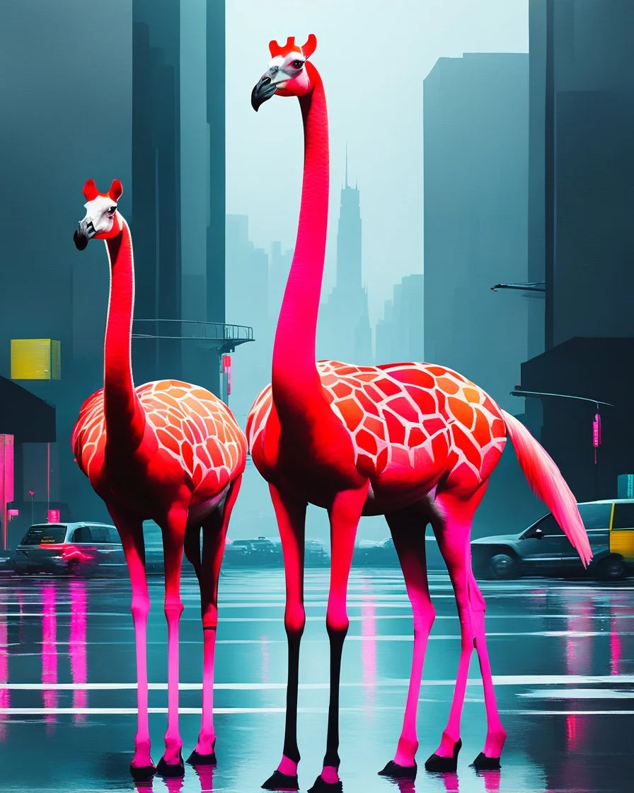 three giraffe-headed flamingos with giraffe neck and head and giraffe pattern, standing in a gloomy cyberpunk downtown kerbside in overdrive, acrylic and oil, minimalist, cinematic, dramatic, (glitch deconstruction:1.7), centered,, amazing verticals, excellent parallels