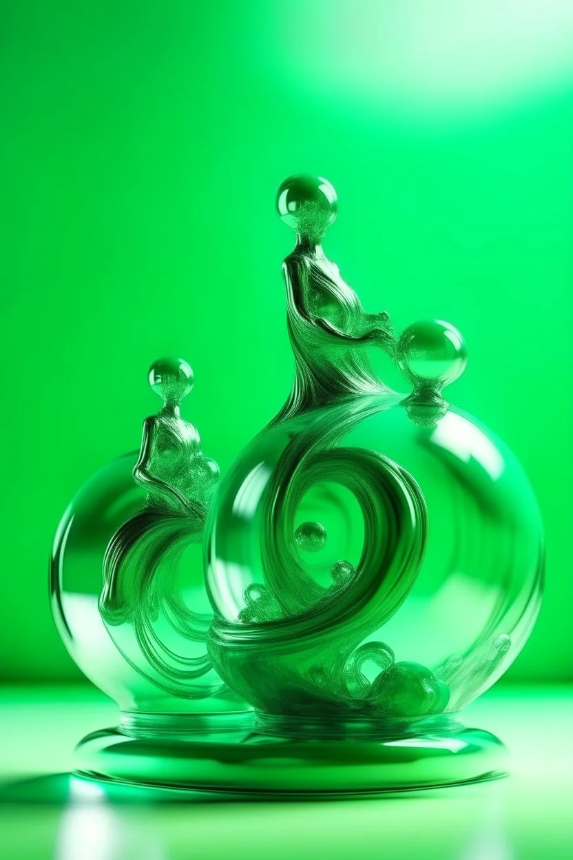 large and small glass balls figure swirling on the air, calming nerves, relaxation, in the background abstract flexible gentle statue, light shades, green tint background