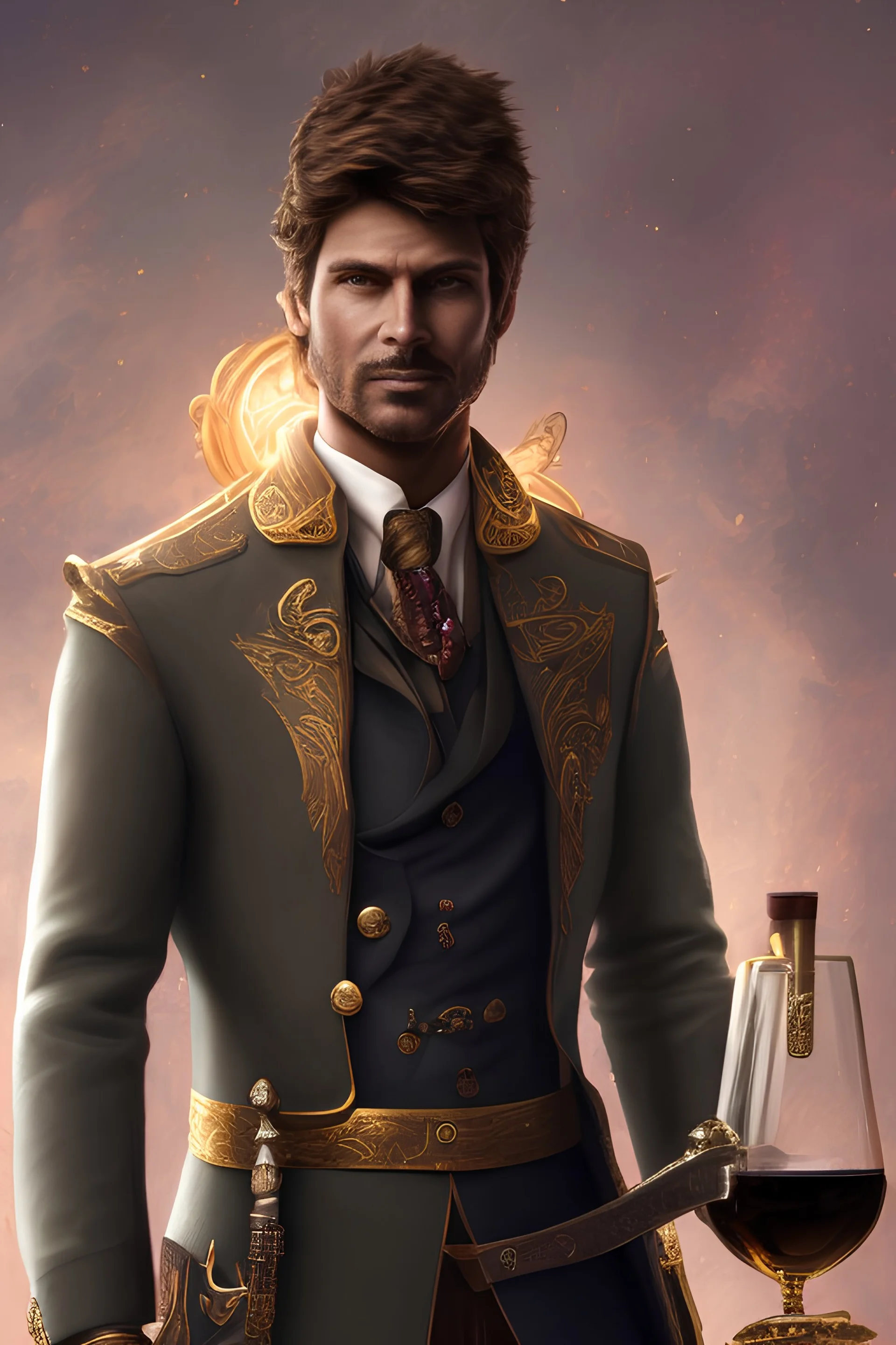 male, aasimar, brown skin, tanned, blonde long hair, pony tail, green eyes, large iris, slender, light blue aristocrat coat with golden motif, dark purple shirt, brown expensive pants, brown boots with golden decoration, holding wine in a glass, single character, high class party background, smirking