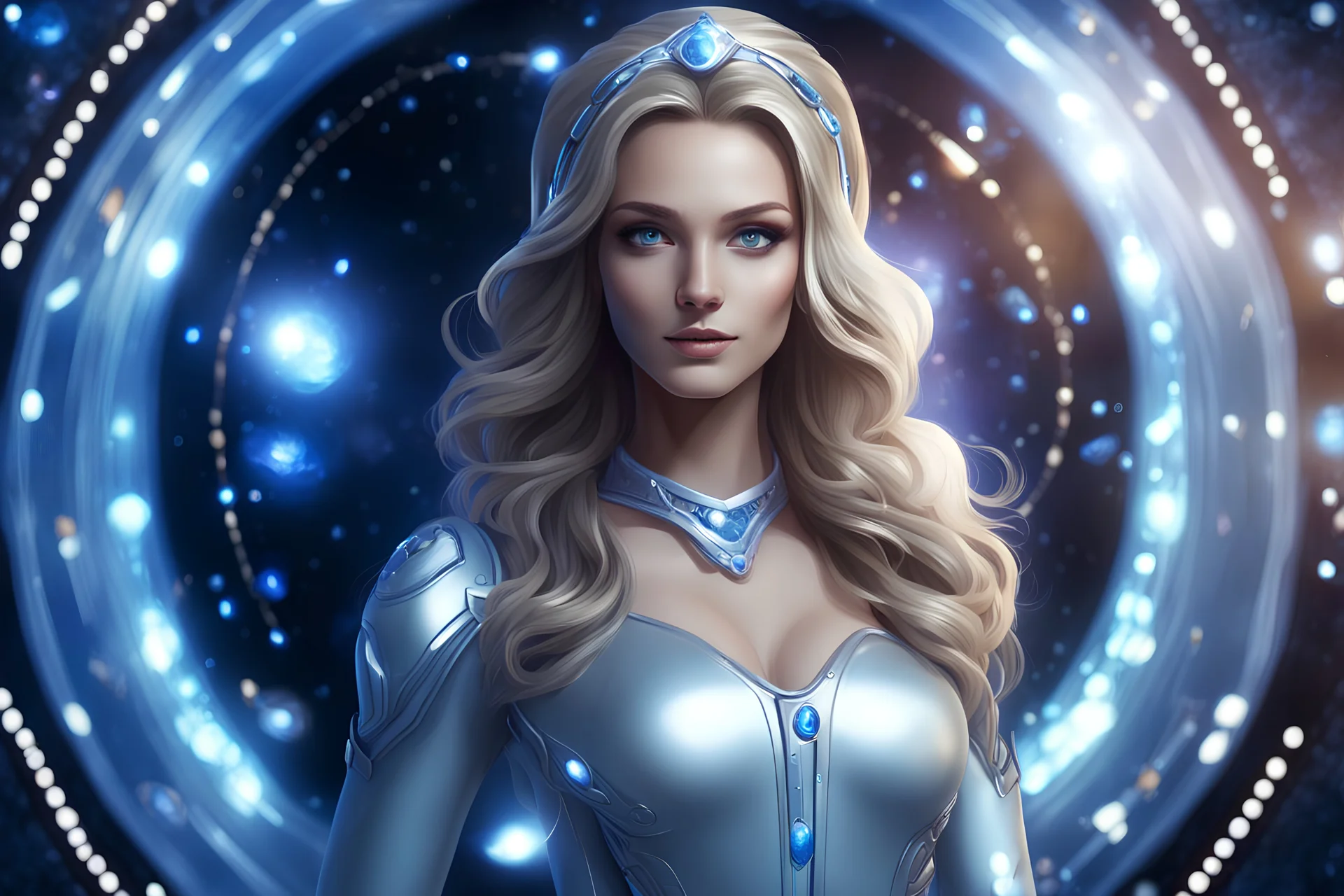 a very beautiful woman with a galactic and cosmic appearance with a bue suit , a perfect, gentle, caring face, blue eyes, dressed in a blue jumpsuit and there are also precious stones on this costume, her hair is long, light brown, she smiles very slightly. Magnificent, furtive, cosmic, magical atmosphere.