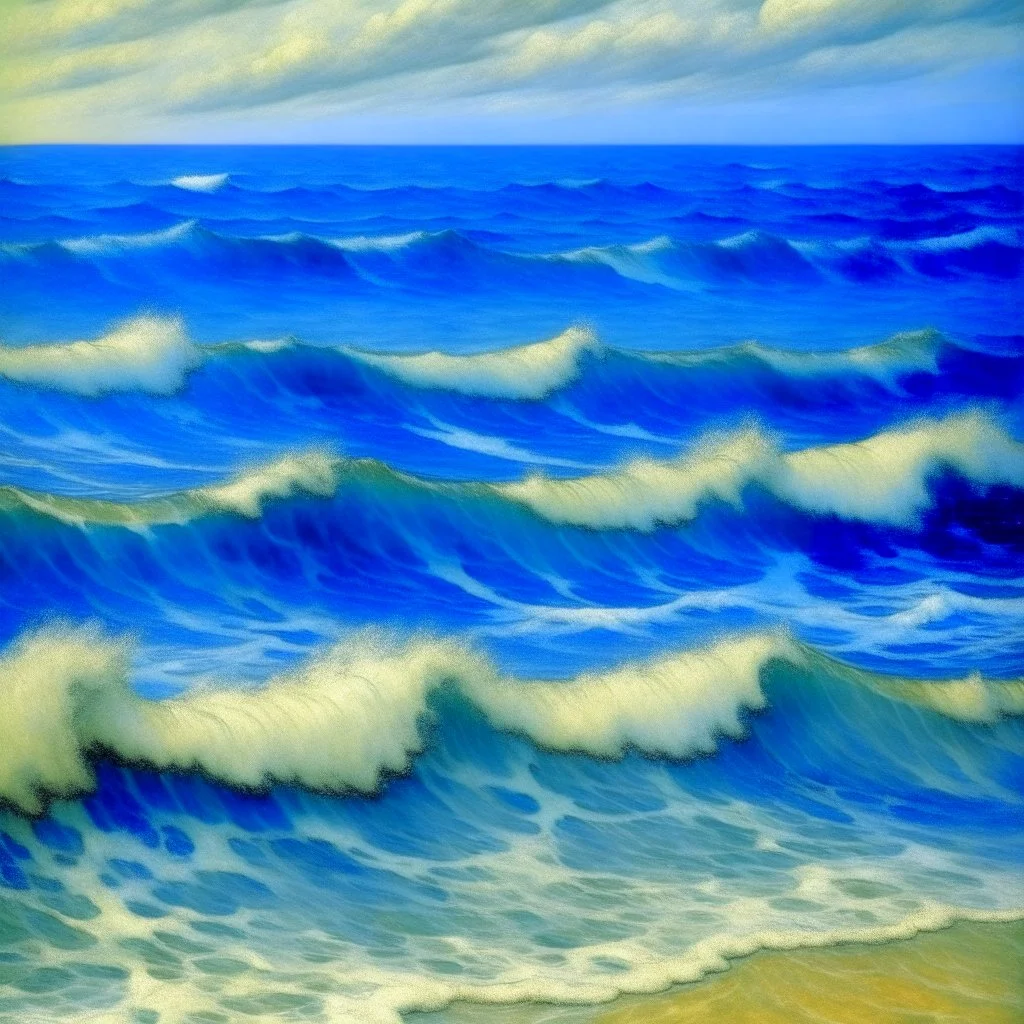 A blue beach with raging waves painted by Georges Seurat