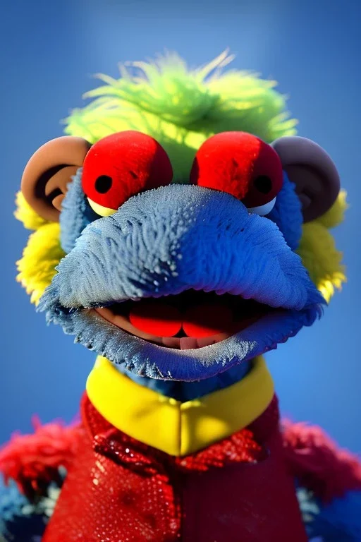 Waist up muppet Portrait, Nicolas maduro muppet doll, tracksuit red blue and yellow, mustache, photo studio, red background, unreal engine 5, concept art, art station, ray tracing, lumen lighting, ultra detail, volumetric lighting, 3d.