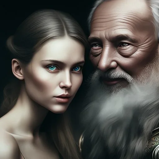 Viking theme, a younger woman sitting next to a 50-year-old man, portrait, 8K, close-up face, anatomically perfect face, Highly detailed stunning full frame portrait, misty and cloudy atmosphere